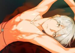  1boy akiyoshi_haru arms_up bed_sheet commentary_request eyebrows grey_eyes looking_at_viewer ludger_will_kresnik lying male_focus nipples on_back solo tales_of_(series) tales_of_xillia topless_male upper_body upside-down white_hair 