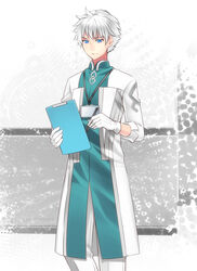  1boy blue_eyes chaldea_logo chaldea_uniform charles-henri_sanson_(fate) commentary_request cosplay fate/grand_order fate_(series) hira_(daphne) lab_coat male_focus romani_archaman romani_archaman_(cosplay) solo white_hair 