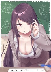  :o blush breasts cleavage commentary_request female gundou_mirei gundou_mirei_(1st_costume) highres large_breasts long_hair long_sleeves nijisanji pencil pink_eyes purple_hair ruga_(orage38) solo_focus usa-chan_(gundou_mirei) virtual_youtuber yuzuki_roa 