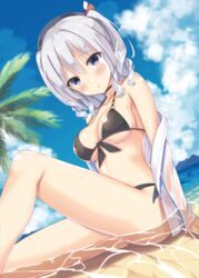  beach beret bikini black_bikini breasts cloud cloudy_sky collarbone commentary_request day female grey_eyes hat hatsu_(first_snow) kantai_collection kashima_(kancolle) large_breasts ocean outdoors partially_submerged short_hair sky solo swimsuit two_side_up white_hair 