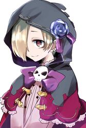  azu401 bad_id bad_twitter_id bags_under_eyes blonde_hair buttons cloak earrings female flower granblue_fantasy hair_over_one_eye hood hooded_cloak idolmaster idolmaster_cinderella_girls jewelry long_sleeves red_eyes shirasaka_koume short_hair simple_background skull smile solo upper_body white_background 