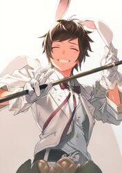  1boy akiyoshi_haru animal_ears belt bow bowtie brown_hair cape closed_eyes commentary_request fake_animal_ears formal gloves gradient_background gran_(granblue_fantasy) granblue_fantasy grin hand_on_own_ear male_focus rabbit_ears sage_(granblue_fantasy) short_hair simple_background smile solo staff suit upper_body waistcoat white_background white_gloves 