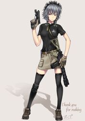  &gt;:) alternate_costume ar-15 assault_rifle belt black_thighhighs blue_eyes braid breast_press breasts commentary_request english_text engrish_text female gloves grey_hair gun handgun holster izayoi_sakuya looking_at_viewer magpul maid_headdress medium_breasts ranguage rifle shadow short_hair skindentation skirt smile smith_&amp;_wesson solo sunaipu_(age-zero) thighhighs touhou trigger_discipline twin_braids v-shaped_eyebrows weapon zettai_ryouiki 