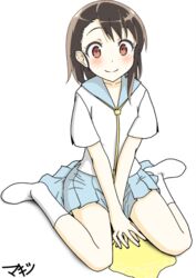  arm_support artist_name between_legs blush bonyari_high_school_uniform brown_eyes brown_hair female full_body hand_between_legs looking_at_viewer makishi nisekoi onodera_kosaki peeing peeing_self pleated_skirt puddle school_uniform self-upload short_sleeves sitting skirt smile socks solo surprised urine v_arms wariza white_background white_socks 