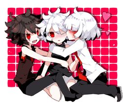  .flow 2boys bad_id bad_pixiv_id bleeding blood bob_cut female hug kaibutsu kissing multiple_boys one_eye_closed red_eyes rooseputo_02 sabitsuki school_uniform short_hair short_sleeves sleeveless sleeveless_turtleneck smile_(.flow) tears turtleneck white_hair wince 