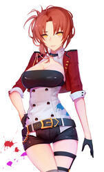  absurdres aiguillette belt black_gloves black_shorts breasts bustier choker cleavage commentary_request cowboy_shot cropped_jacket female gloves hand_on_own_hip highres holster honkai_(series) honkai_impact_3rd jacket kugutsu_(961598140) large_breasts looking_at_viewer military_jacket murata_himeko murata_himeko_(battle_storm) parted_bangs parted_lips photoshop_(medium) red_hair revision short_hair short_shorts shorts simple_background sleeves_rolled_up solo splashing standing thigh_gap thigh_holster thighhighs underbust white_background yellow_eyes 