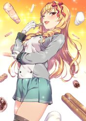  aida_takanobu blonde_hair breasts commentary_request drill_hair female food gloves hair_ribbon kujouin_seira long_hair open_mouth ribbon small_breasts solo sparkle thighhighs trinity_tempo twin_drills 