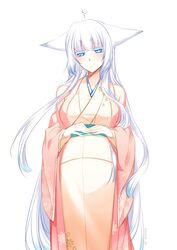  ? animal_ears blue_eyes blush breasts closed_mouth commentary_request female fox_ears haori japanese_clothes kimono konshin large_breasts long_hair long_sleeves looking_at_viewer orie_mishiro original pregnant sash short_eyebrows simple_background solo standing very_long_hair white_background white_hair wide_sleeves 