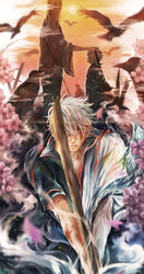  3boys aged_down bad_id bad_pixiv_id bird blood blood_from_mouth blurry crow dual_persona flower gintama hair_over_one_eye japanese_clothes lens_flare lolicon male_focus mizudama multiple_boys photoshop_(medium) red_eyes sakata_gintoki sun sword torn_clothes weapon white_hair yoshida_shouyou 