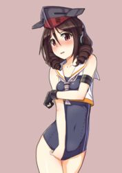  black_one-piece_swimsuit blush brown_hair collarbone commentary_request cosplay covered_navel cowboy_shot crop_top drill_hair embarrassed female framed_breasts gloves grey_background hair_between_eyes harukaze_(kancolle) hat headphones i-14_(kancolle) i-14_(kancolle)_(cosplay) kantai_collection looking_at_viewer one-piece_swimsuit open_mouth partially_fingerless_gloves red_eyes school_swimsuit short_hair simple_background single_glove solo standing swimsuit swimsuit_under_clothes trg_(trg_mamire) tsurime twin_drills 