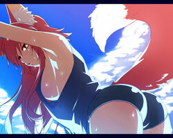  animal_ears armpits ass bare_shoulders blue_background blue_sky breasts cloud cloudy_sky commentary_request day dolphin_shorts female fox_ears fox_tail from_side hand_up konshin large_breasts letterboxed long_hair looking_at_viewer looking_to_the_side micro_shorts opera_the_vermelho original parted_lips purple_shirt red_eyes red_hair shirt shorts sideboob sky sleeveless sleeveless_shirt solo sweat tail 