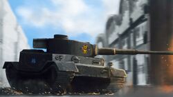  746kuchiku building cloud commentary_request day emblem girls_und_panzer highres leopon_(animal) military military_vehicle motor_vehicle no_humans ooarai_(emblem) outdoors sky tank tiger_(p) vehicle_focus 