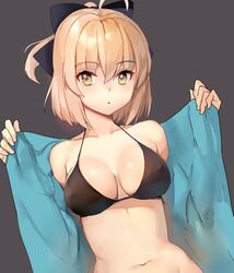  ahoge bad_id bad_twitter_id bare_shoulders bikini bikini_top_only black_bikini bow breasts breasts_apart brown_eyes brown_hair covered_nipples fate_(series) female grey_background hair_between_eyes hairbow koha-ace looking_at_viewer medium_breasts navel okita_souji_(fate) okita_souji_(koha-ace) open_clothes parted_lips short_ponytail shovelwell simple_background solo swimsuit 