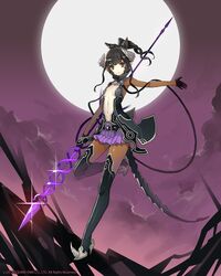  black_hair breasts cleavage cloud commentary_request dated female full_moon lost_crusade mami_(apsaras) midriff moon official_art pointy_ears polearm red_eyes revealing_clothes short_hair skirt sky small_breasts solo spear thighhighs weapon 