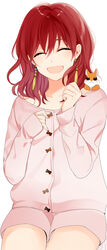  :d akatsuki_no_yona aki_nattsu animal animal_on_shoulder cardigan closed_eyes collarbone commentary_request cowboy_shot earrings female highres jewelry long_hair long_sleeves open_mouth pajamas pink_cardigan pink_shorts red_hair short_shorts shorts simple_background smile solo white_background yona_(akatsuki_no_yona) 