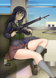  battle_rifle black_hair blush brown_skirt closed_mouth commentary_request dead_people female glasses green_eyes grey_socks gun highres holding holding_gun holding_weapon howa_type_64 juice_box kneehighs legs long_hair long_sleeves looking_at_viewer ohane_sakura original rifle sitting skirt smile socks solo uniform weapon 