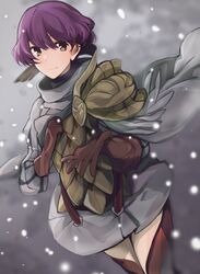  aiueo1234853 armor bad_id bad_twitter_id brown_gloves cape closed_mouth commentary cosplay female fire_emblem fire_emblem:_new_mystery_of_the_emblem fire_emblem_heroes gloves grey_eyes katarina_(fire_emblem) long_sleeves purple_hair scale_armor sharena_(fire_emblem) sharena_(fire_emblem)_(cosplay) short_hair skirt smile snowing solo 