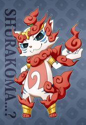  anthro armlet asian_mythology biped digital_media_(artwork) east_asian_mythology featureless_crotch foo_dog fur hand_on_hip harusuke japanese_mythology komainu komashura level-5 male mammal mythology pattern_background simple_background solo standing tuft yo-kai_watch yokai 