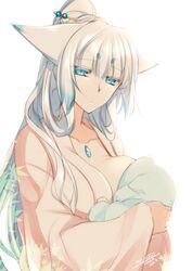  animal_ears baby blue_eyes breastfeeding breasts commentary_request dated female fox_ears gradient_hair hair_ornament hair_stick konshin large_breasts long_hair long_sleeves looking_at_viewer multicolored_hair orie_mishiro original ponytail short_eyebrows signature simple_background solo_focus upper_body very_long_hair white_background 