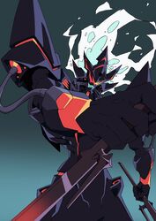  1boy alexis_kerib arai_hiroki bad_id bad_twitter_id commentary_request dual_wielding fire gradient_background green_background green_fire gridman_universe helmet highres holding male_focus simple_background spoilers ssss.gridman 