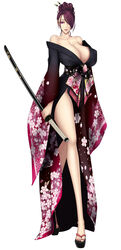  baru_(val-val) breasts cleavage commentary_request female hair_over_one_eye highres huge_breasts japanese_clothes katana kimono long_legs looking_at_viewer mole mole_on_breast original purple_eyes purple_hair solo sword weapon 