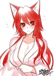  breasts cleavage commentary_request dated female flying_sweatdrops konshin long_hair looking_at_viewer opera_the_vermelho original parted_lips red_eyes red_hair signature simple_background solo sweatdrop upper_body white_background 