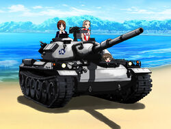  3girls akiyama_yukari beach blonde_hair brown_hair browning_m2 cloud commentary_request day emblem girls_und_panzer gun heavy_machine_gun machine_gun military military_vehicle motor_vehicle mountain multiple_girls nishizumi_miho ooarai_(emblem) ooarai_military_uniform outdoors ponytail sand sasaki_akebi short_hair sky tank tree type_74_(tank) weapon yamucya01 