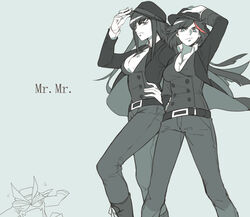  2girls allenkung1 commentary_request cosplay fedora formal girls&#039;_generation hand_on_headwear hand_on_own_hip hand_up hat kill_la_kill kiryuuin_satsuki long_hair matoi_ryuuko monochrome multicolored_hair multiple_girls senketsu short_hair spot_color suit two-tone_hair 