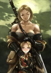  1boy arisen_(dragon&#039;s_dogma) armor bare_shoulders blonde_hair breasts collarbone commentary_request corset dragon&#039;s_dogma dragon&#039;s_dogma_(series) elbow_gloves female gauntlets gloves hand_on_another&#039;s_head height_difference highres huge_weapon ironlily large_breasts one-eyed over_shoulder pawn_(dragon&#039;s_dogma) planted planted_sword purple_eyes scar short_hair smile sword sword_over_shoulder weapon weapon_over_shoulder yellow_eyes 