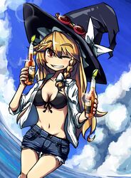  alcohol awa_(bihidasu) beer bikini bikini_top_only black_bra blonde_hair blush bottle bow bra braid cloud commentary_request corona_(brand) cowboy_shot day denim denim_shorts drink dual_wielding dutch_angle eyebrows female gleam goggles goggles_on_headwear grin hairbow hat hat_bow holding kirisame_marisa legs_together lens_flare long_hair looking_at_viewer midriff navel ocean one_eye_closed open_clothes open_shirt shirt shorts sky sleeves_pushed_up smile solo swimsuit teeth touhou underwear very_long_hair white_bow witch_hat yellow_eyes 