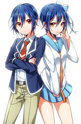  &gt;:( 2girls bad_id bad_pixiv_id blue_hair blush bonyari_high_school_uniform crossed_arms dual_persona frown hair_ribbon highres hotechige looking_at_viewer mole mole_under_eye multiple_girls nisekoi photoshop_(medium) ribbon school_uniform serafuku short_hair simple_background skirt tsugumi_seishirou v-shaped_eyebrows wavy_mouth white_background 