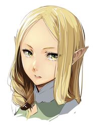  blonde_hair braid commentary_request elf enami_katsumi fardania female green_eyes hair_over_shoulder isekai_shokudou looking_away looking_to_the_side medium_hair parted_bangs parted_lips pointy_ears portrait simple_background solo white_background 