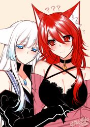  2girls ? ?? bare_shoulders black_choker blue_eyes blush breasts choker cleavage closed_mouth commentary_request dated flying_sweatdrops grey_background hair_between_eyes hug konshin large_breasts long_hair multiple_girls off_shoulder opera_the_vermelho orie_mishiro original pink_sweater red_eyes ribbed_sweater signature simple_background sweater white_hair 