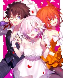  1boy 2girls :d ;d ahoge black-framed_eyewear black_pants black_pantyhose bouquet bow breasts brown_hair chaldea_logo choker cleavage collarbone dress fate/grand_order fate_(series) flower fujimaru_ritsuka_(female) fujimaru_ritsuka_(female)_(starlight_fest) fujimaru_ritsuka_(male) fujimaru_ritsuka_(male)_(starlight_fest) glasses gloves hair_between_eyes hair_flower hair_ornament hair_over_one_eye highres holding holding_bouquet layered_dress lily_(flower) long_hair looking_at_viewer mash_kyrielight mash_kyrielight_(formal_dress) mashima_saki_(mashimasa) medium_breasts multiple_girls official_alternate_costume one_eye_closed one_side_up open_clothes open_mouth open_shirt orange_dress orange_eyes orange_gloves orange_hair over_shoulder pants pantyhose parody petals pink_hair purple_bow purple_eyes red_ribbon ribbon ribbon_choker shirt short_dress short_hair sideboob sleeveless sleeveless_dress smile striped_clothes striped_dress style_parody takeuchi_takashi_(style) white_bow white_dress white_flower white_gloves white_lily white_ribbon white_shirt 