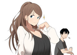  1boy black_hair blue_eyes breasts brown_hair bural_chingu cardigan cleavage commentary female highres huge_breasts kang_min-cheol korean_commentary long_hair looking_at_viewer luke_(dydansgur) mature_female mole mole_on_breast mole_under_eye mother_and_son mrs._yun_mi-jeong parted_bangs ponytail ribbed_sweater simple_background sweater white_background 