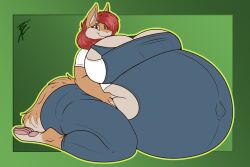  2023 4_toes anthro barefoot belly bent_leg big_belly big_breasts black_eyebrows blue_clothing blue_overalls brasslion breasts briia_gammat brown_eyes closed_smile clothed clothed_anthro clothed_female clothing colored digital_drawing_(artwork) digital_media_(artwork) english_description eyebrows eyelashes feet female female_anthro fingers fluffy fluffy_tail fur green_background green_outline hair hi_res holding_belly huge_belly huge_breasts hyper hyper_pregnancy light lighting mamagen mouth_closed multicolored_body multicolored_fur navel_outline outline overalls pawpads pink_pawpads pregnant pregnant_anthro pregnant_female red_hair shirt signature simple_background sitting smile tail tan_body tan_fur tan_tail thick_thighs toes topwear two_tone_body two_tone_fur two_tone_tail white_clothing white_shirt white_topwear 