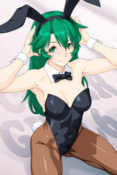  animal_ears black_bow black_bowtie black_leotard bow bowtie breasts brown_pantyhose covered_navel cowboy_shot detached_collar female green_eyes green_hair hair_flaps leotard medium_breasts pantyhose playboy_bunny qkat_(arikawa-dou) rabbit_ears rabbit_tail shoko_(super_real_mahjong) smile solo strapless strapless_leotard super_real_mahjong tail wrist_cuffs 