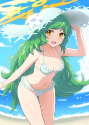  :d bare_arms beach big_hair bikini blue_sky breasts cloud cowboy_shot day female flipped_hair flower frilled_bikini frills gabriel_(monster_strike) green_hair halo hand_on_headwear hand_up hat hat_flower highres leaning_forward light_blush lily_(flower) long_hair looking_at_viewer monster_strike multi-strapped_bikini_bottom n2_(nitrogumi) navel ocean open_mouth outdoors sky small_breasts smile solo standing string_bikini sun_hat swept_bangs swimsuit thigh_gap very_long_hair white_bikini white_flower white_hat wristband yellow_eyes yellow_halo 