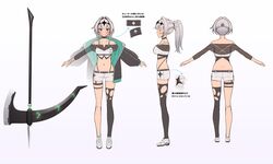  arrow_(symbol) axe bare_shoulders belt black_belt black_choker black_jacket blush breasts camisole choker closed_mouth coeiroink collarbone commentary_request croix-chan crop_top female full_body green_eyes grey_hair hair_intakes halberd highleg highleg_panties highres huge_weapon jacket large_breasts long_hair midriff multiple_views navel off-shoulder_shirt off_shoulder official_art open_clothes open_jacket panties panty_straps partner_(kprtnr) polearm ponytail reference_sheet see-through see-through_shirt shirt shoes short_shorts shorts simple_background single_thighhigh smile sneakers thigh_strap thighhighs torn_clothes torn_thighhighs translation_request turnaround underbust underwear weapon white_background white_camisole white_shorts 