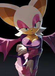  animal_ears aqua_eyes bat_ears bat_wings bodysuit breast_cutout breasts cleavage cowboy_shot eyeshadow facing_viewer female furry furry_female gloves highres jaibus makeup official_alternate_costume purple_bodysuit purple_eyeshadow rouge_the_bat solo sonic_(series) sonic_heroes white_gloves wings 