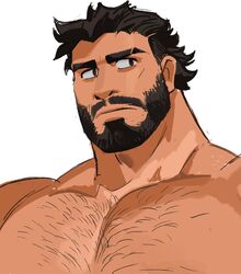  1boy bara beard eyebrow_cut facial_hair full_beard large_pectorals looking_to_the_side male_focus mature_male moustache muscular muscular_male nipples nude original pectorals pencil_mustache portrait saltypoundcake short_hair sideways_glance solo sparse_chest_hair thick_beard thick_eyebrows upper_body 