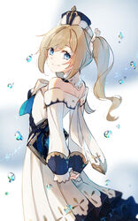  arched_back arms_behind_back barbara_(genshin_impact) bare_shoulders blonde_hair blue_eyes book bow breasts closed_mouth collar cross detached_collar dress eyelashes female from_side genshin_impact gold_trim hat highres long_dress long_hair long_sleeves looking_at_viewer looking_to_the_side malmaron off-shoulder_dress off_shoulder own_hands_together pleated_dress sidelocks sideways_glance sleeves_past_wrists small_breasts smile solo standing swept_bangs twintails water_drop wavy_hair white_bow white_collar white_dress 