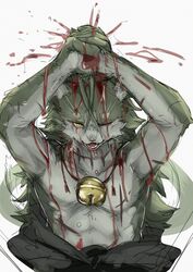  absurd_res anthro ao_gravity athletic athletic_anthro athletic_male bell biped blood blood_splatter bodily_fluids canid canine canis fur grey_body grey_fur hi_res holding_knife holding_object knife male mammal one_eye_closed shirtless_male solo wolf yellow_eyes 