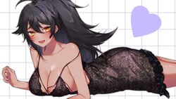  ahoge black_hair black_nightgown breasts cleavage collarbone dark-skinned_female dark_skin female floral_print hair_between_eyes heart highres hk45_x indie_virtual_youtuber large_breasts lying neon_harper nightgown on_stomach open_mouth ponytail rose_print second-party_source solo strap_slip virtual_youtuber yellow_eyes 