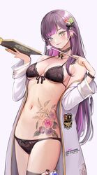  10_plus artist_name bare_shoulders black_bra black_choker black_panties black_thighhighs black_wrist_cuffs blush book bow bow_panties bra breasts butterfly_earrings choker cleavage coat collarbone commentary commission cowboy_shot earrings english_commentary female flask flower_tattoo front-tie_top grimoire hair_ornament hairbow hands_up heart heart_hair_ornament heterochromia highres holding holding_book holding_wand jewelry lace-trimmed_bra lace_trim long_coat long_hair long_sleeves looking_at_viewer magic_circle medium_breasts nail_polish off_shoulder open_clothes open_coat original panties purple_eyes purple_hair simple_background single_thighhigh skeb_commission smile solo standing stomach stomach_tattoo tattoo thighhighs twitter_username underboob underwear very_long_hair wand white_background white_coat wrist_cuffs yellow_eyes yellow_nails 