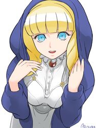  belt blonde_hair blue_eyes blue_jacket breast_focus breasts brooch buttons dianna_soreil disguise dress drill_hair female flower gundam highres holding_hoodie hood hooded_jacket hoodie jacket jewelry large_breasts long_sleeves looking_at_viewer mitsutsu322 open_mouth red_brooch simple_background smile solo turn_a_gundam turtleneck turtleneck_dress white_background white_dress 