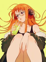  bare_shoulders black-framed_eyewear collarbone commentary cup drinking drinking_straw eyelashes female fur-trimmed_jacket fur_trim glasses grey_jacket headphones jacket long_hair looking_to_the_side orange_hair persona persona_5 purple_eyes sakura_futaba simple_background sitting solo sumustard yellow_background 