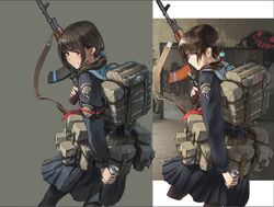  ak-74m armband assault_rifle backpack bag brown_hair can female gun holding holding_gun holding_weapon kalashnikov_rifle light_blush looking_at_viewer multiple_views original pantyhose pleated_skirt ponytail pouch red_eyes rifle school_uniform short_hair skirt smersh strap tanto_(tc1995) tape trigger_discipline weapon 