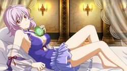  ahoge bare_legs bed_sheet blue_dress breasts candelabra candlestand cleavage closed_mouth curtains dress eyebrows_hidden_by_hair female game_cg hair_between_eyes highres holding large_breasts long_hair looking_at_viewer lying mole mole_on_breast official_art on_back pillow purple_hair red_eyes sash short_dress sideboob sleepwear sleeveless sleeveless_dress smile solo straight_hair strea_(sao) sword_art_online sword_art_online_last_recollection 