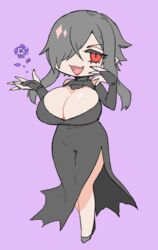  ariesuzu_(ariessz) black_dress breasts bridal_gauntlets chibi dress female flower grey_hair hair_over_one_eye huge_breasts oerba_yun_fang original purple_background purple_flower purple_rose red_eyes rose side_slit simple_background skin_fang smile solo 